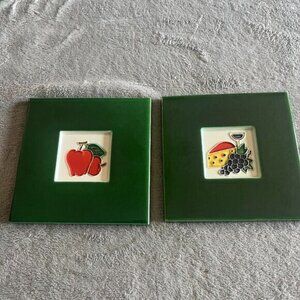 Apple, Cheese and Wine Green Cork Backed Ceramic Tile Trivets Set of 2